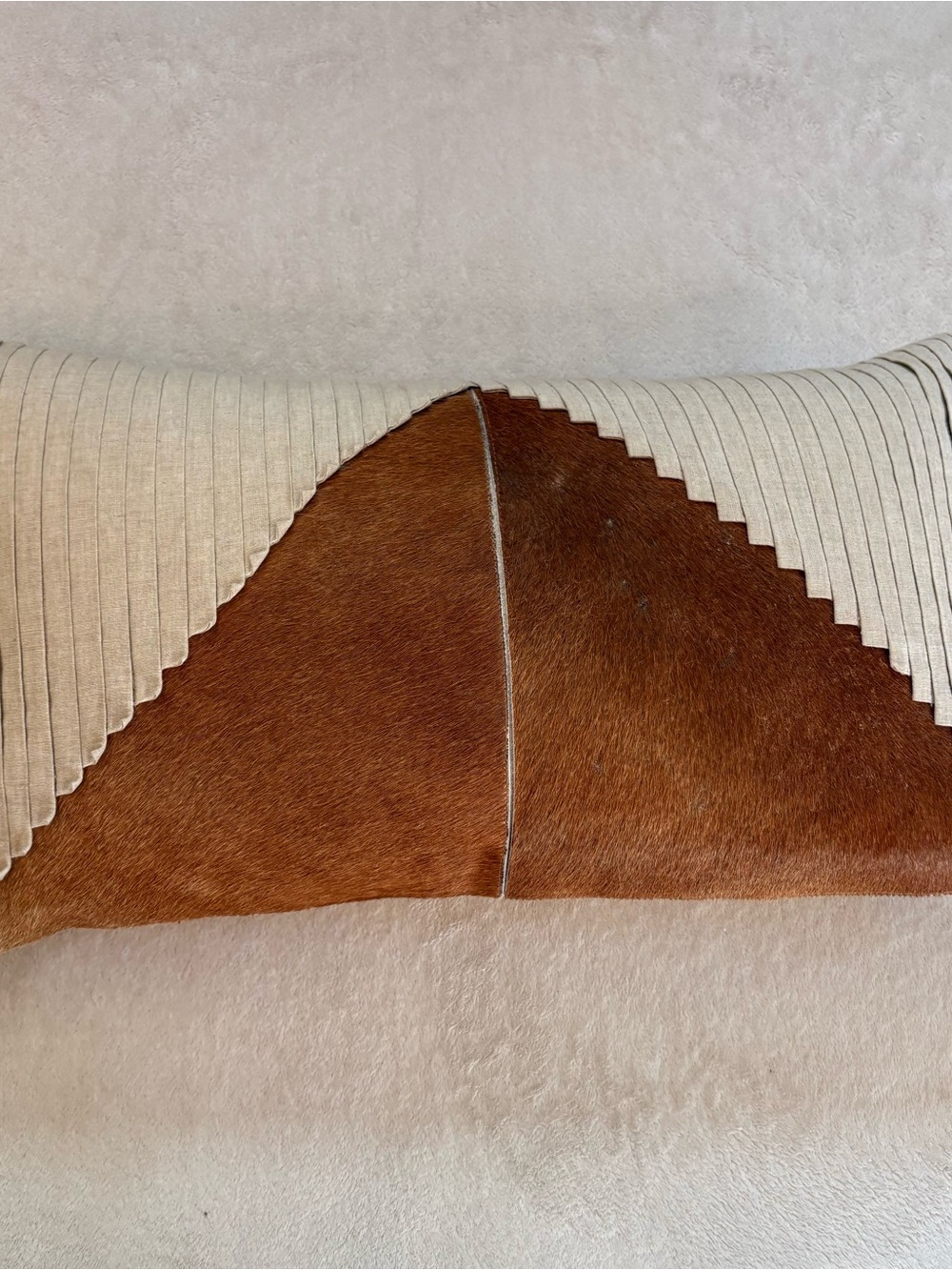 Callisto Home Brown Cowhide Pleated Beige Cotton Lumbar Accent Pillow 23 x 13